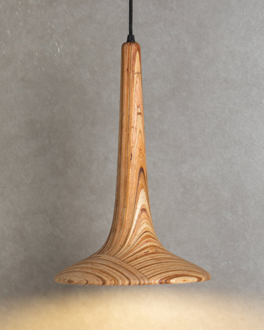 Bell pendant lamp lit, natural plywood