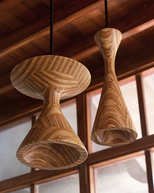 Hourglass pendant lamp, upcycled plywood