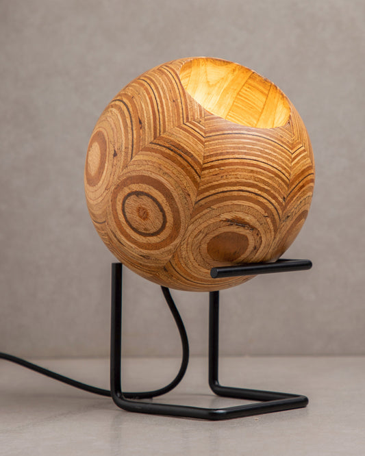 Round table lamp, reclaimed wood stand